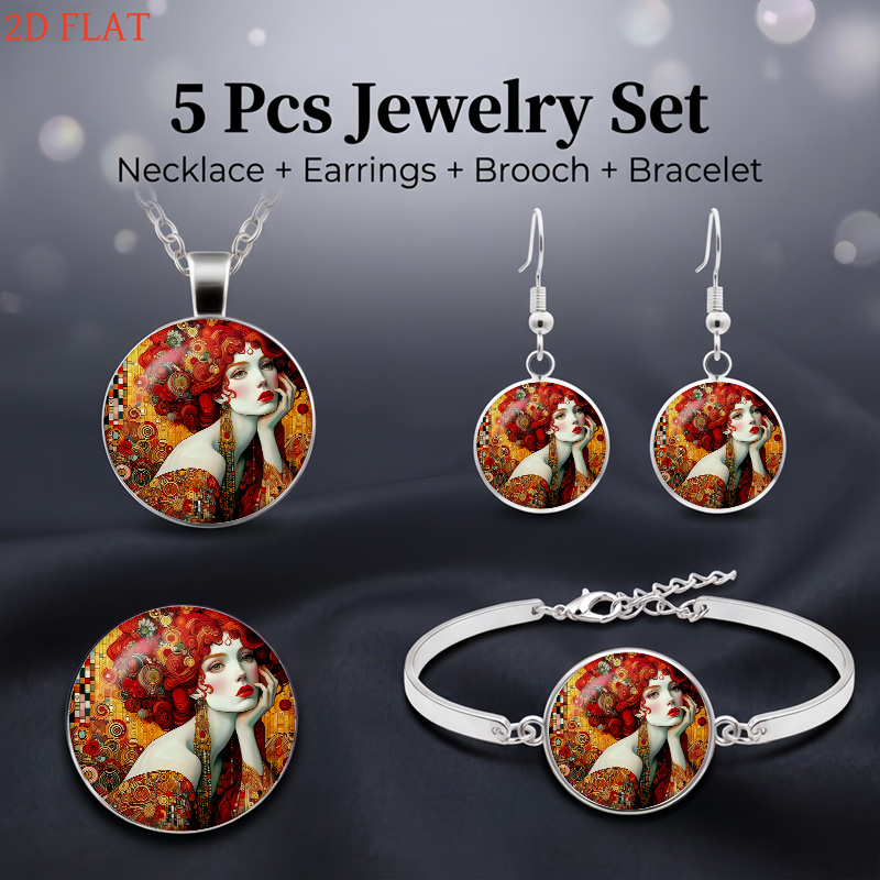 5pcs Art Nouveau Inspired Jewelry Set, Necklace & Earrings